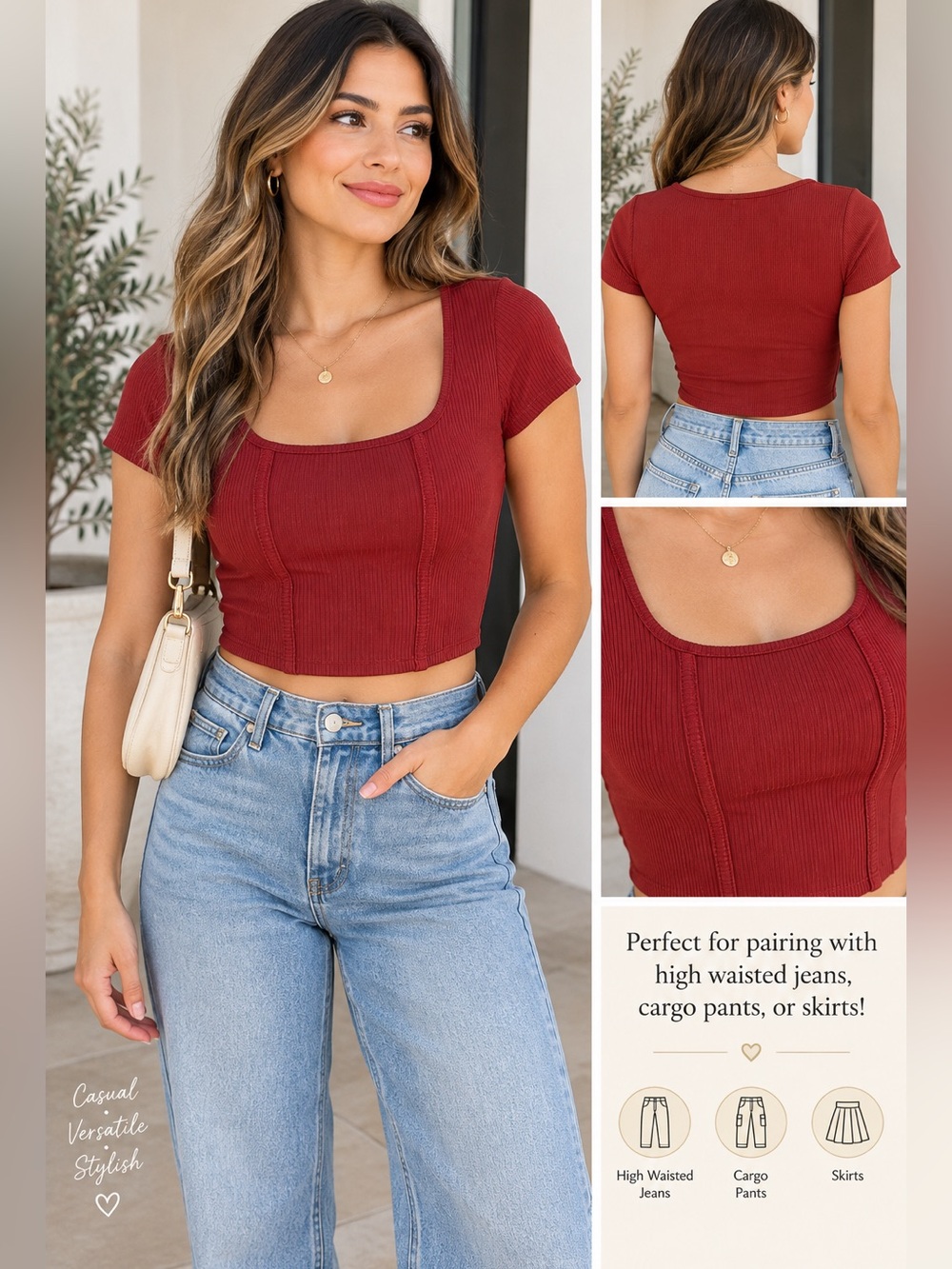 🔥 Trendy Paperoc Ribbed Corset Top in Rust/Terracotta Red!